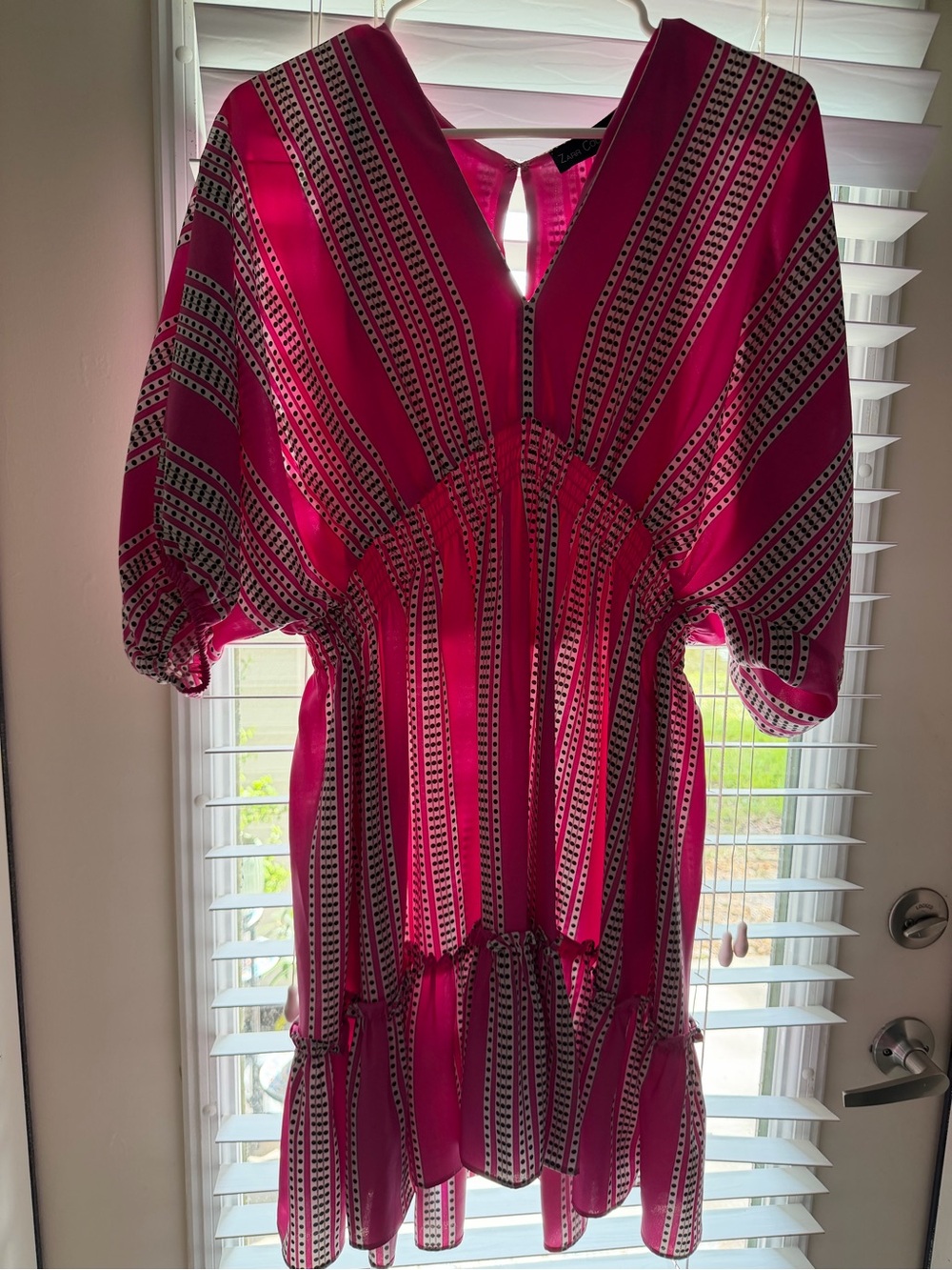 Versona Hot Pink Striped V-Neck Tiered Mini Dress